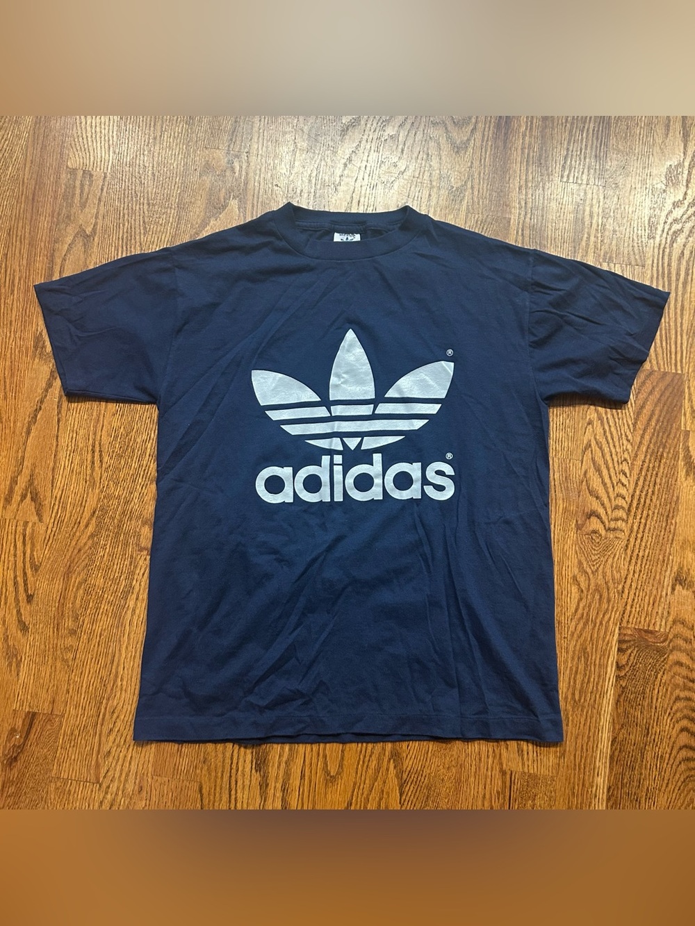 VTG Adidas Trefoil Shirt Mens M Blue Big Logo Double Sided 80s 90s Made In USA